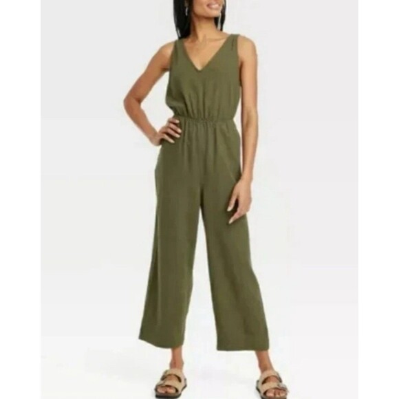 Women's Linen V-Neck Jumpsuit - Universal Thread - Olive Green - Size XS - Picture 1 of 6